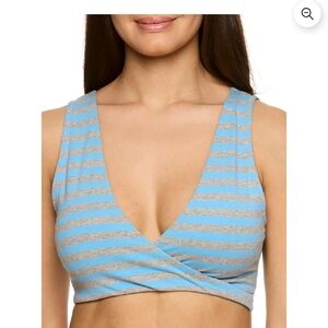 Stylish Striped V-Neck Crop Top - Light Blue and Gray
